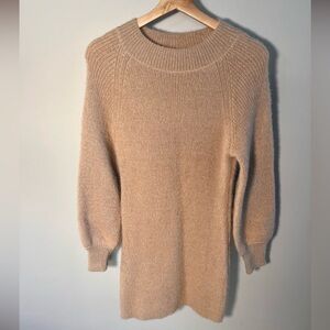 Beige Cozy Sweater Mini Dress – Soft Knit, Crew Neck, Long Sleeve